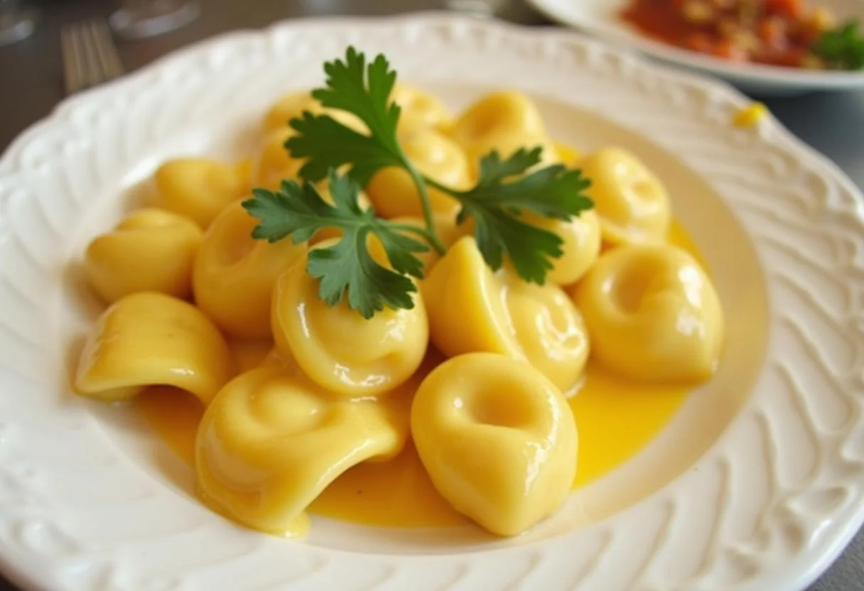 Tortellini, serviert mit reichhaltiger käse sahne soße, perfekt für ein wohltuendes Gericht.