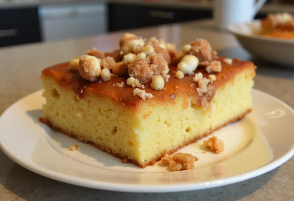 Fertiger schneller Kuchen auf einem Teller, perfekt für Eilige und die ganze Familie.
