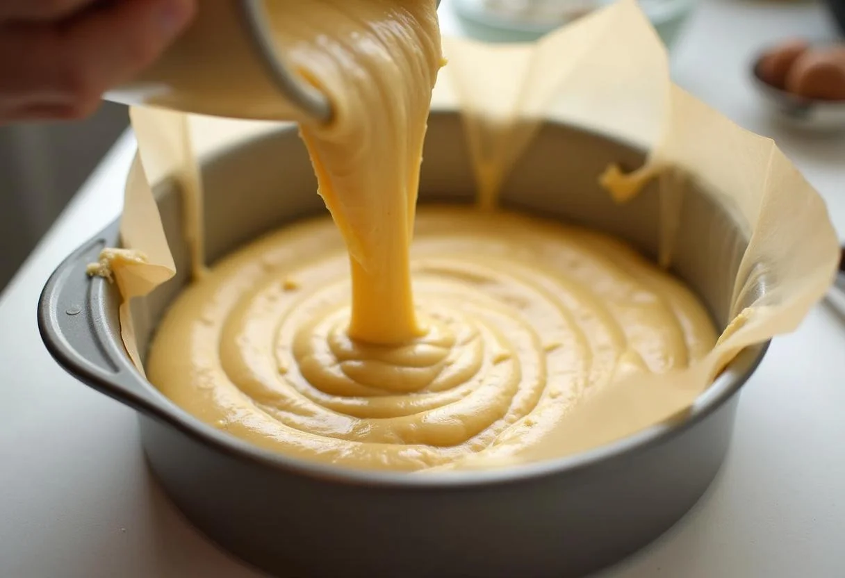 Teig für den schnellen Kuchen, der in eine Backform gegossen wird, ideal für vielbeschäftigte Menschen.