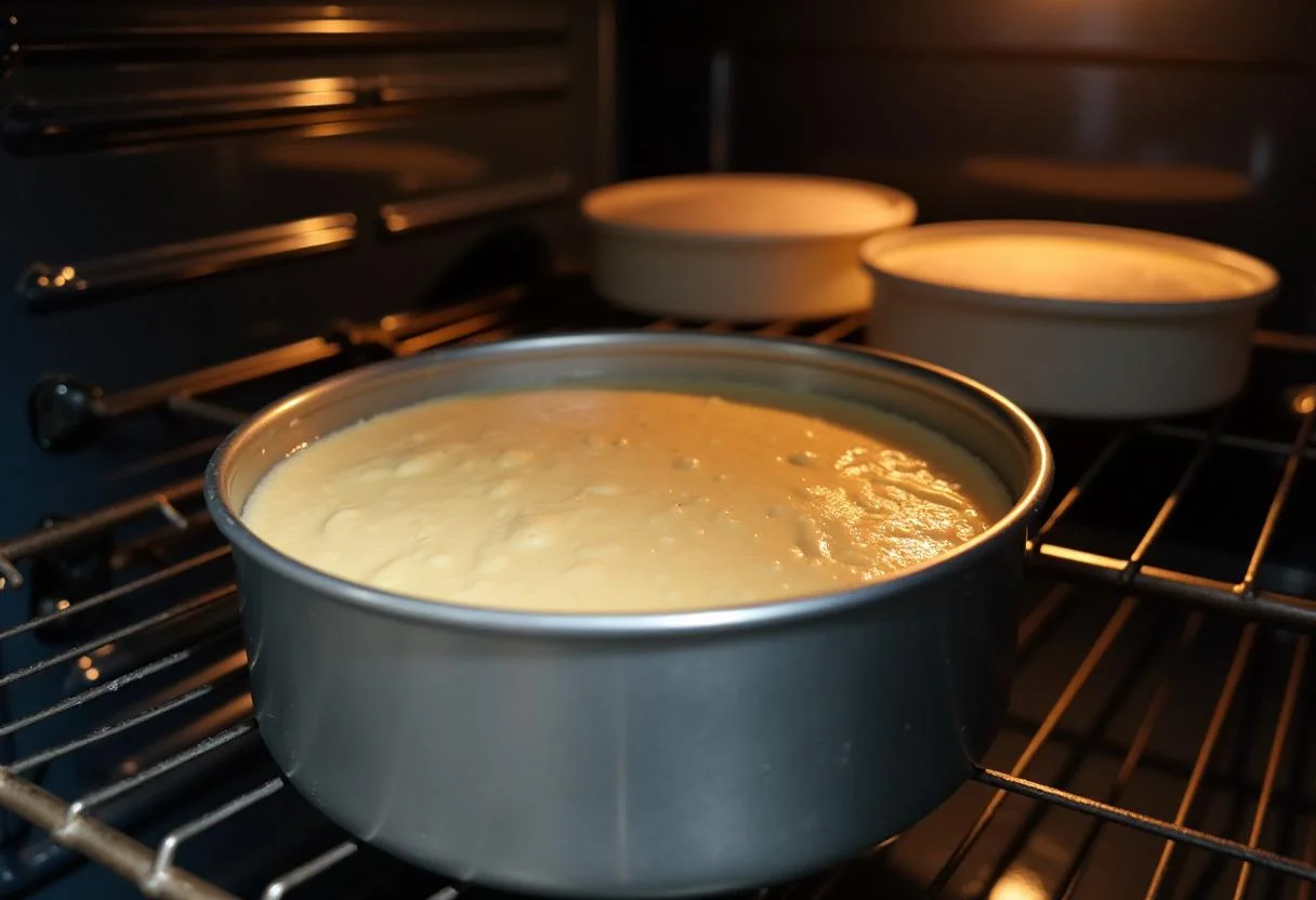 Die Backform mit dem schnell Kuchen Rezept in den Ofen geschoben, bereit zum Backen.