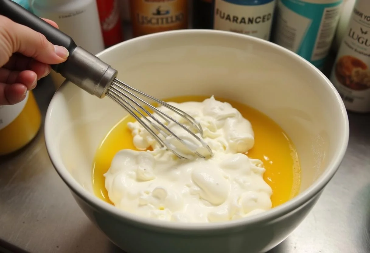 Mischschüssel mit Eierlikör und Sahne für das schnelle Eierlikör-Dessert im Glas.