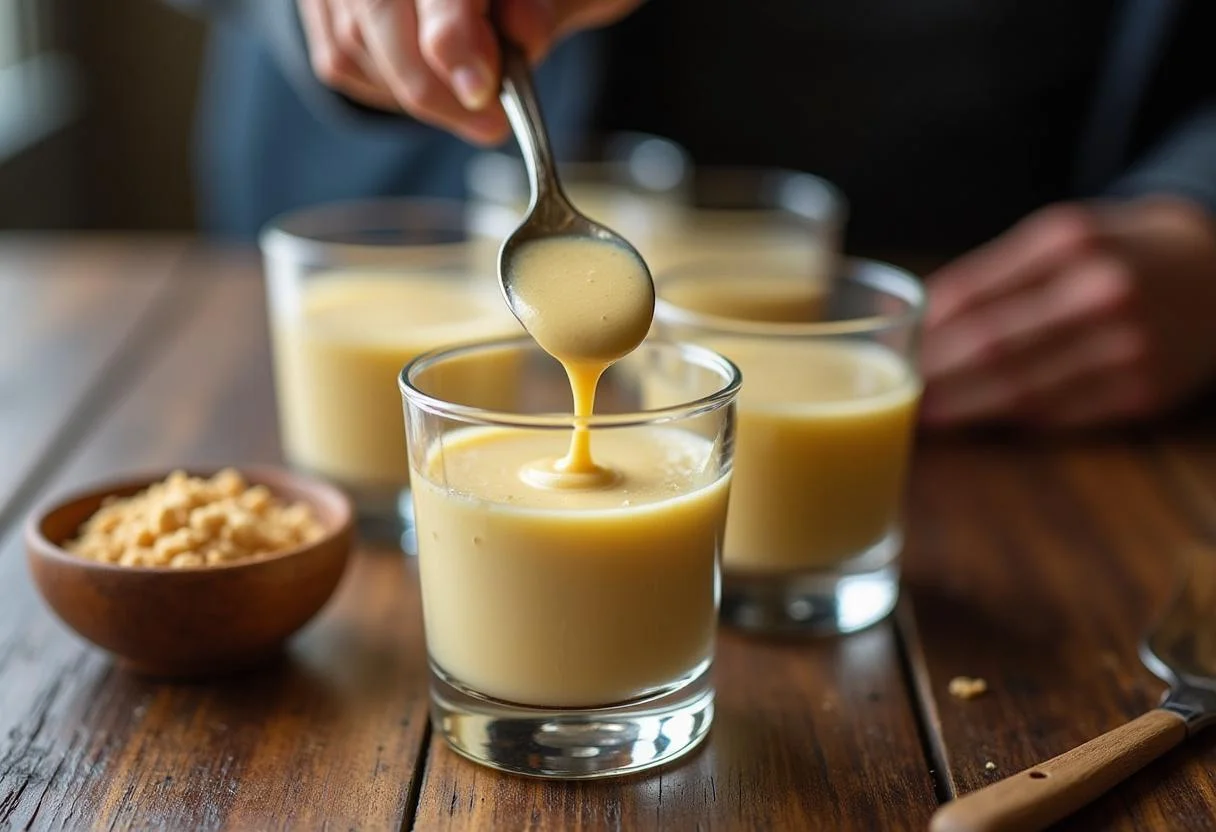 Dessertgläser werden mit Eierlikör-Mischung für schnelles Eierlikör-Dessert im Glas gefüllt.
