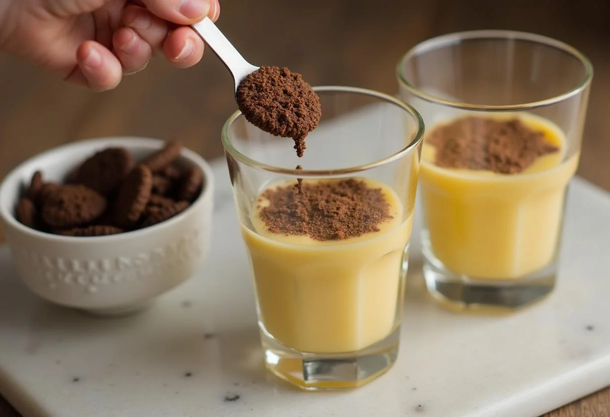 Kekskrümel werden als Schicht auf das Eierlikör-Dessert gegeben.