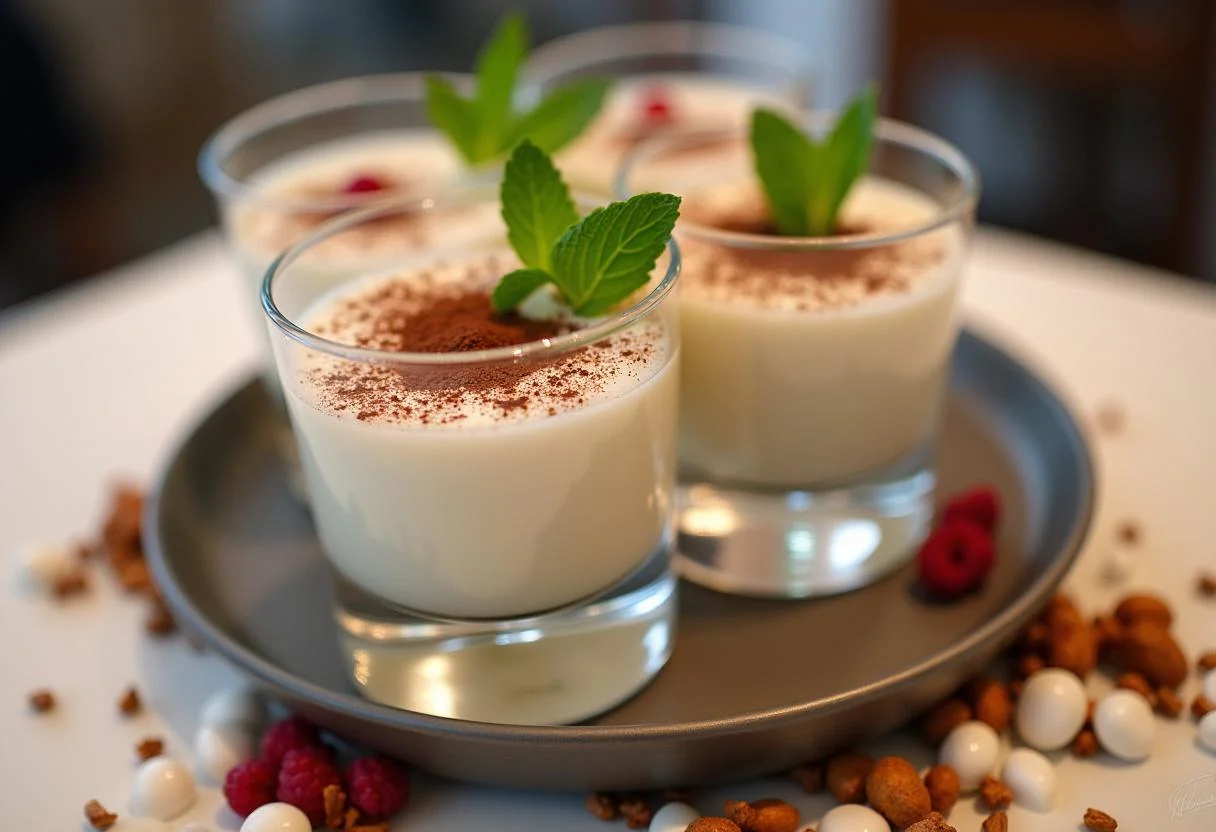 Fertige Dessertgläser mit Eierlikör und dekorativen Elementen für das schnelle Eierlikör-Dessert im Glas.