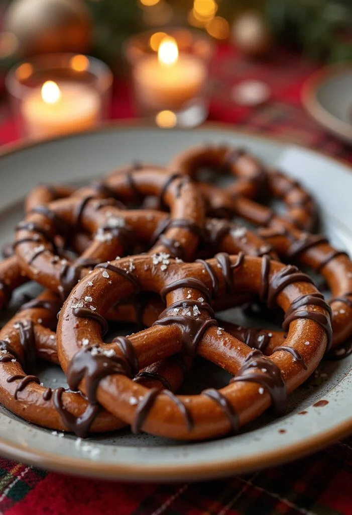 Fertige Schoko-Brezeln mit Schokoladensauce und Meersalz, ideal für Süßigkeitenliebhaber.