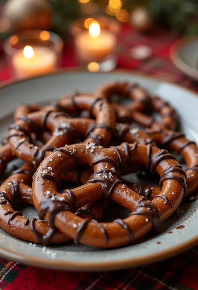 Fertige Schoko-Brezeln mit Schokoladensauce und Meersalz, ideal für Süßigkeitenliebhaber.