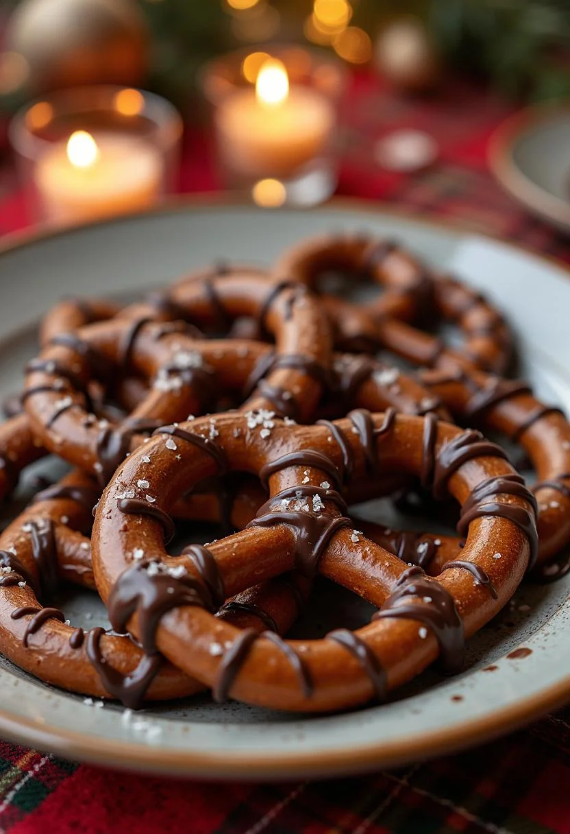 Fertige Schoko-Brezeln mit Schokoladensauce und Meersalz, ideal für Süßigkeitenliebhaber.
