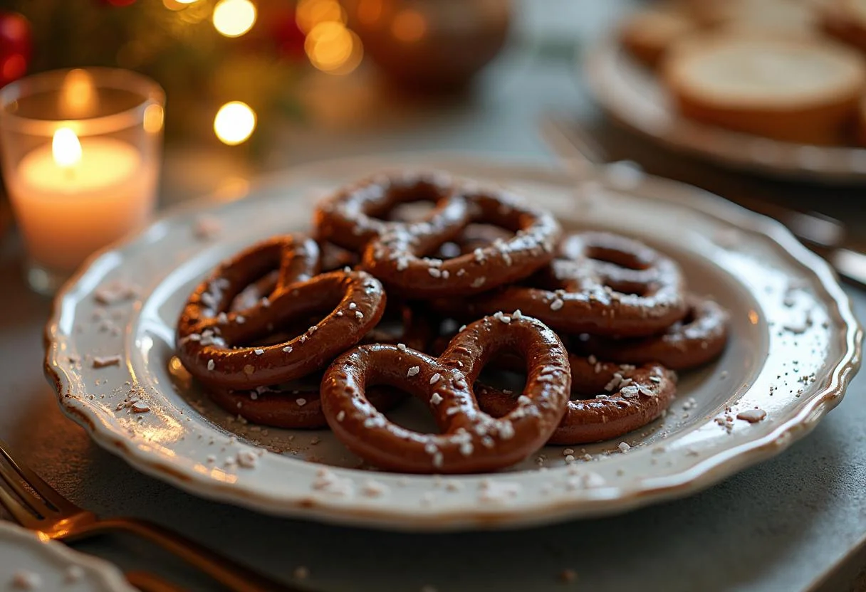 Fertige Schoko-Brezeln mit Schokoladensauce und Meersalz, ideal für Süßigkeitenliebhaber.