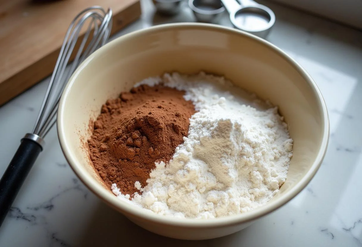 Mischschüssel mit Mehl, Kakaopulver und Backpulver für Schoko-Brezel vorbereitet.
