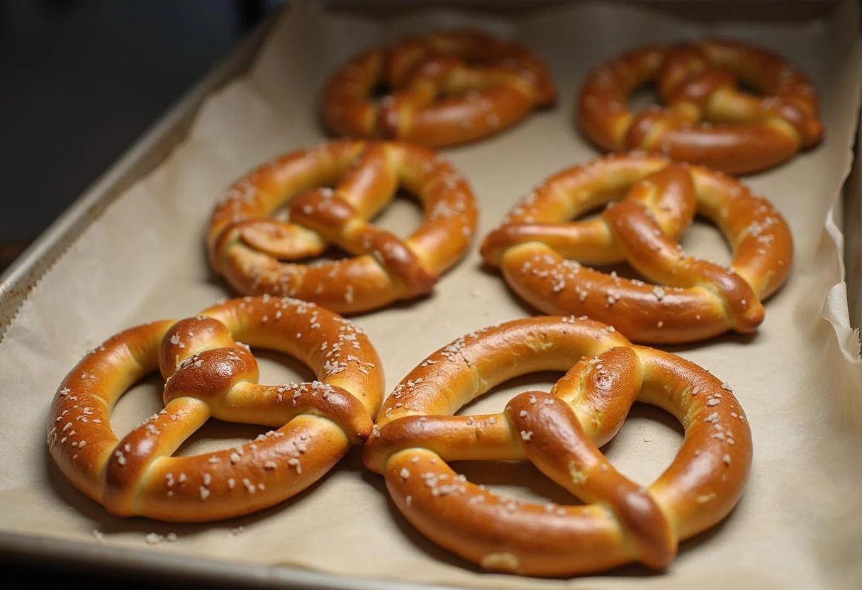 Backblech mit frisch geformten Schoko-Brezeln, die für das Backen bereit sind.