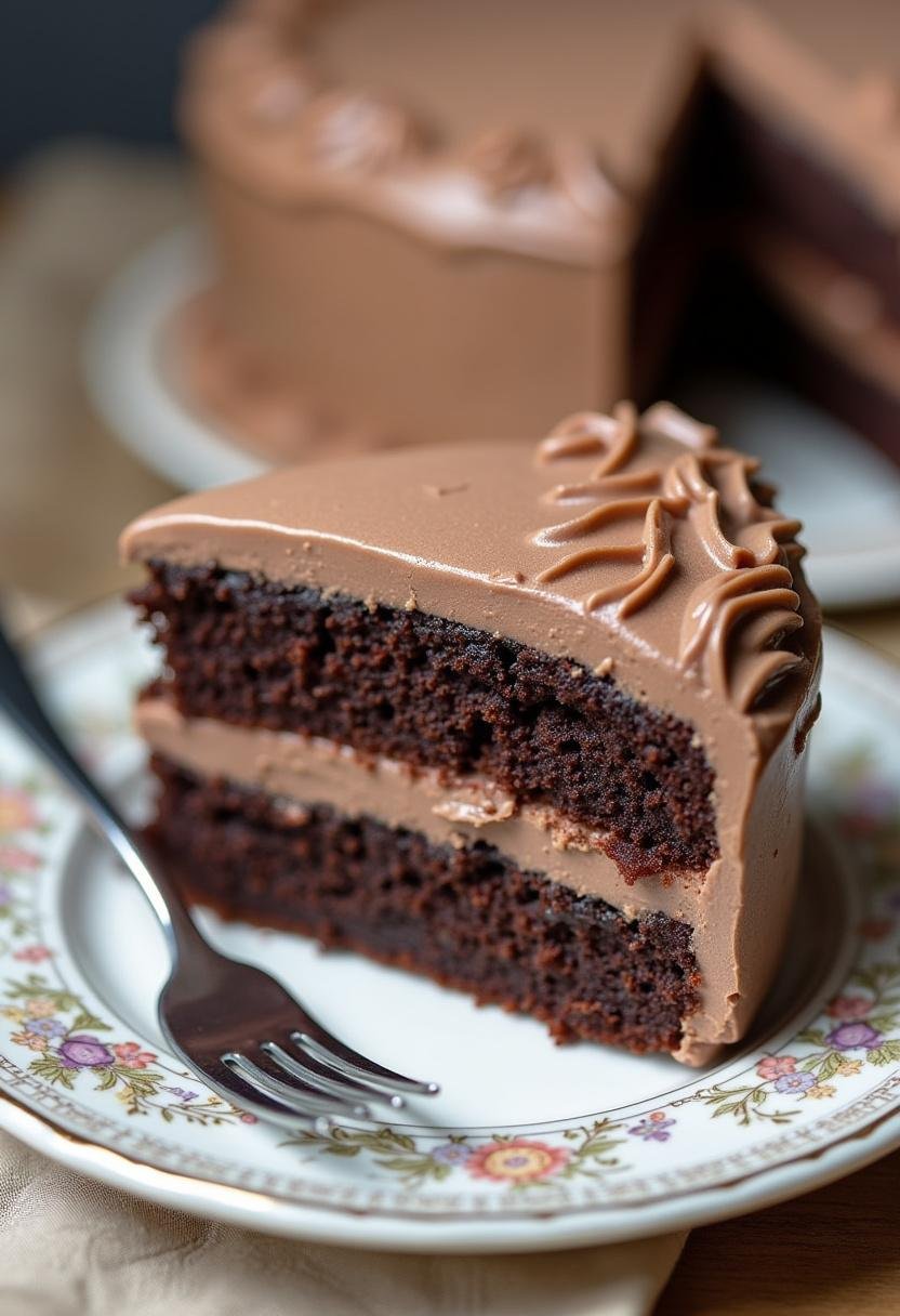 Ein Stück Schokoladen-Vanille-Schichtkuchen auf einem Teller, perfekt zum Servieren.