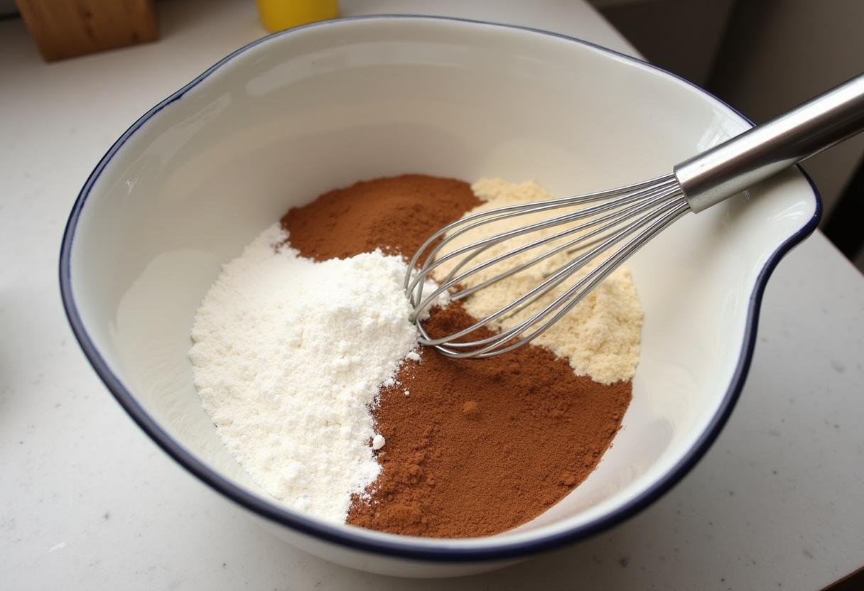 Zutaten für Schokoladen-Vanille-Schichtkuchen in einer Schüssel.