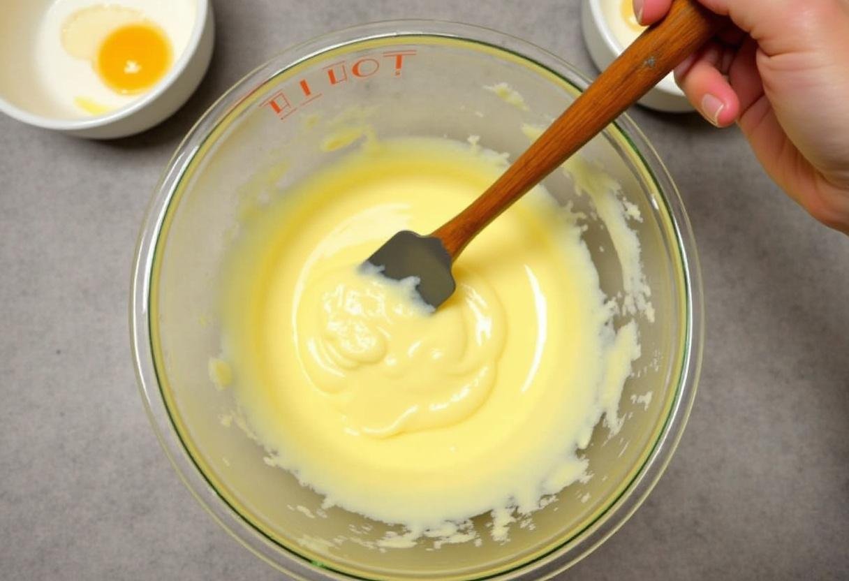 Vanille-Butter-Mischung für Schokoladen-Vanille-Schichtkuchen in einer Rührschüssel.