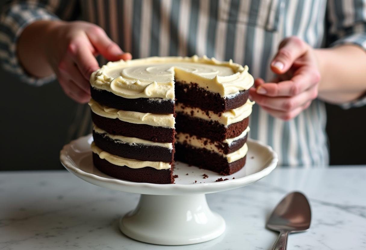 Schichten von Schokoladenkuchen mit Vanillefrosting für Schokoladen-Vanille-Schichtkuchen.
