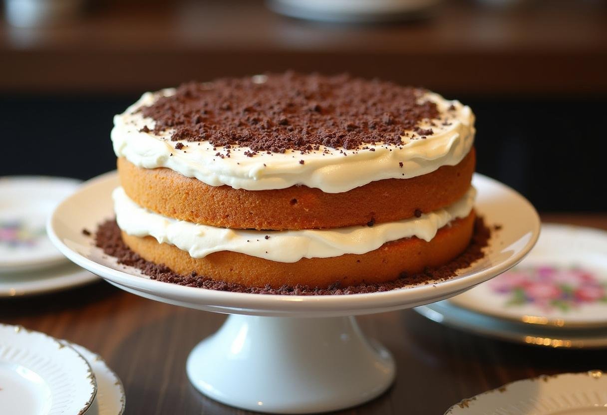 Fertig dekorierter Schokoladen-Vanille-Schichtkuchen auf einem Cake-Pedestal.