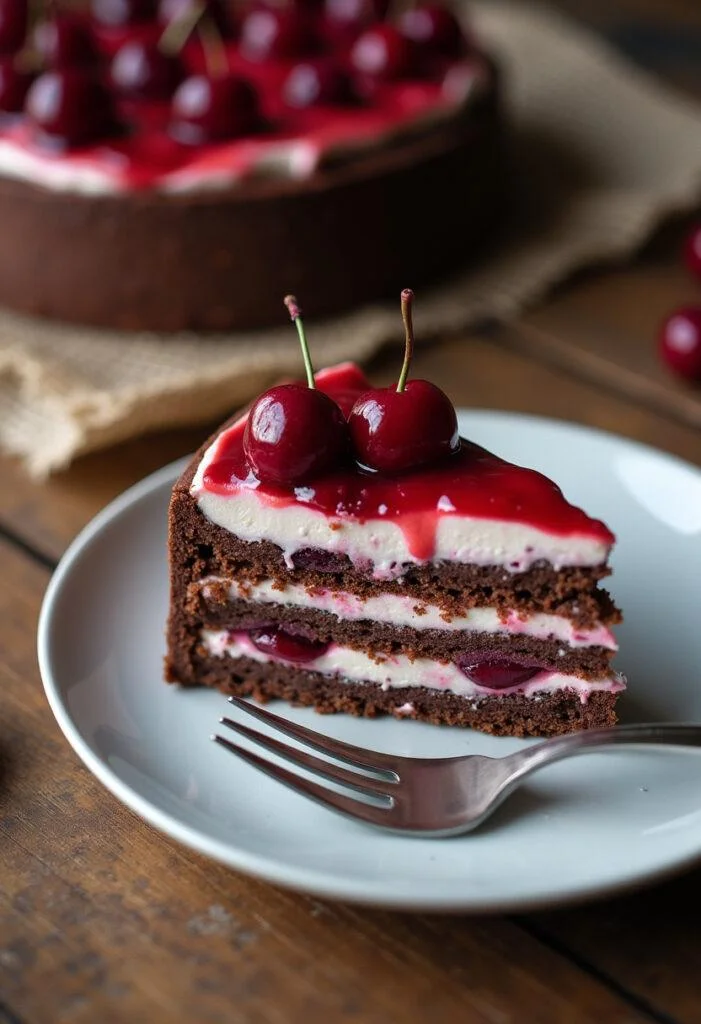 Ein Stück Schwarzwälder Kirschtorte, perfekt für die Präsentation und Genuss.