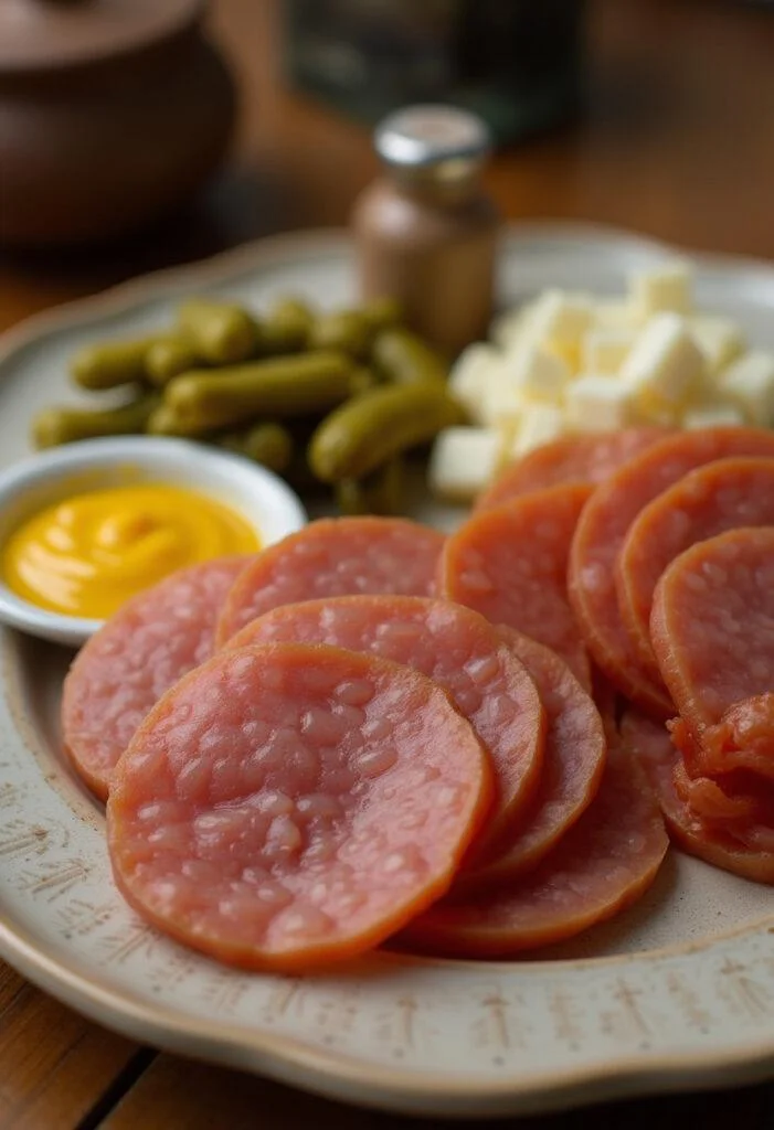 Deliciously sliced Smoky Ahle Wurscht served with mustard and pickles.
