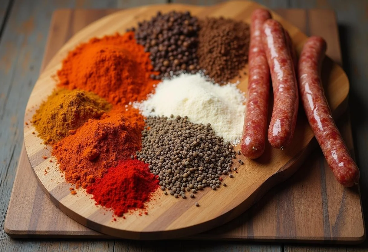 Gewürze und Trockenwurst, die für die Zubereitung von rauchiger Ahle Wurscht mit Trockenwurst-Bissen vorbereitet werden.