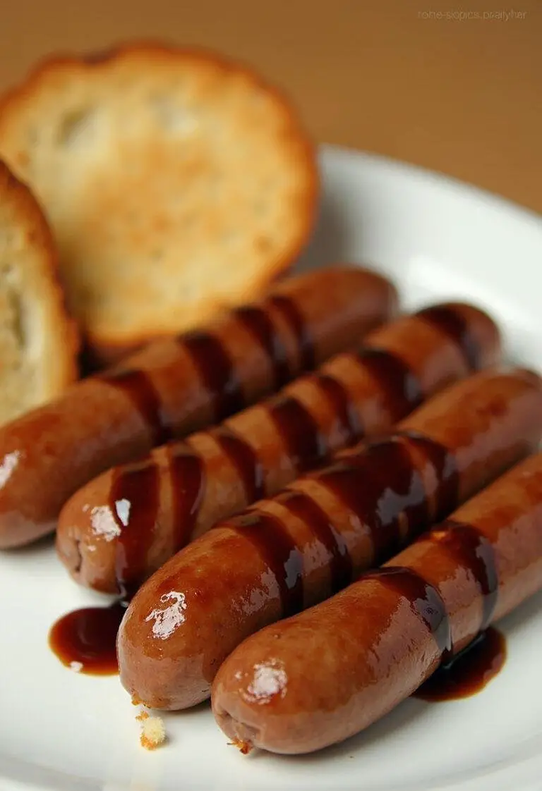 Finished Smoky Bratwurst mit Bier Sauce Explosion, highlighting the rich sauce and crispy bread accompaniment.