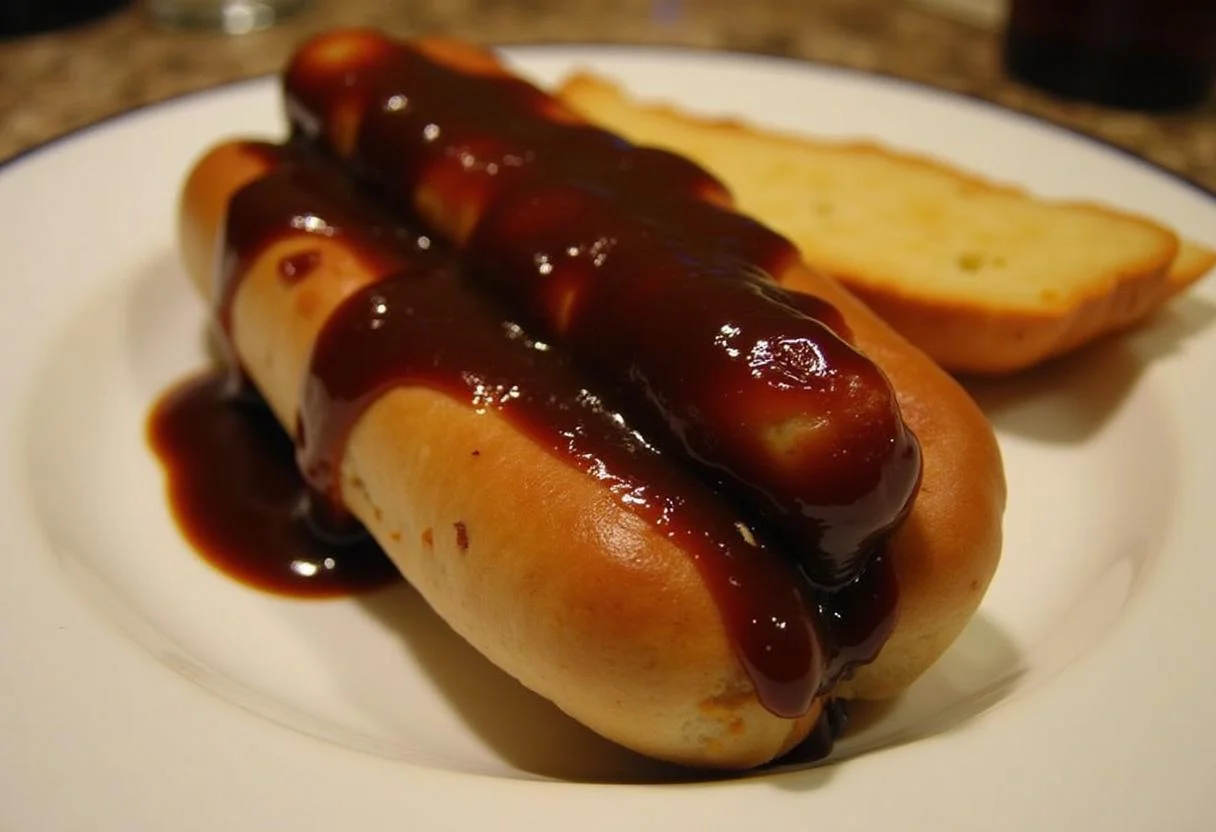 Fertige Smoky Bratwurst mit Bier Sauce Explosion, die die reichhaltige Sauce und die knusprige Brotbegleitung hervorhebt.