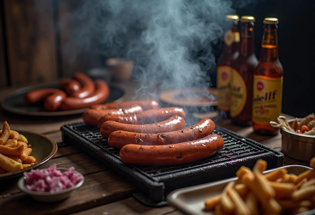 Brutzelnde Bratwurst auf einem Grill, die eine rauchige Atmosphäre für Smoky Bratwurst mit Bier Sauce Explosion schafft.