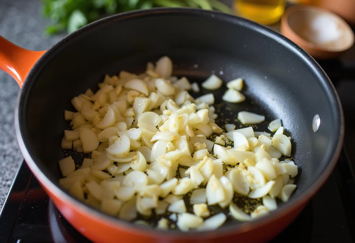 Gehackte Zwiebeln und Knoblauch, die in Öl für die Biersauce im Smoky Bratwurst Rezept angebraten werden.