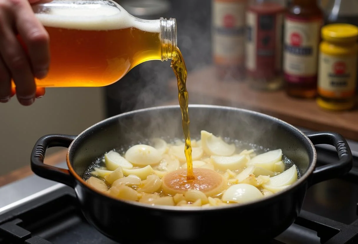 Gießen von Bier in den Topf für die Sauce in Smoky Bratwurst mit Bier Sauce Explosion.