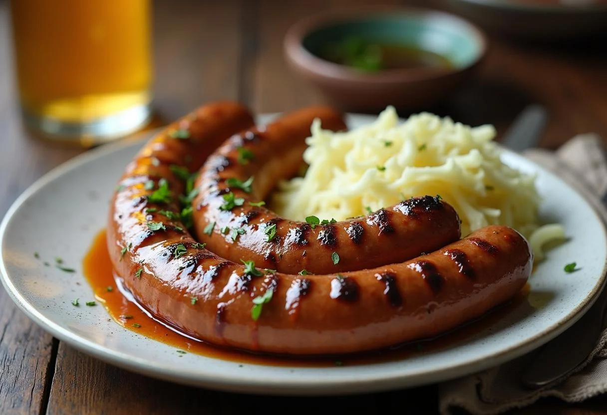 Gegrillte Bratwurst mit aromatischer Biersauce und frischen Kräutern für Smoky Bratwurst mit Bier Sauce Explosion serviert.