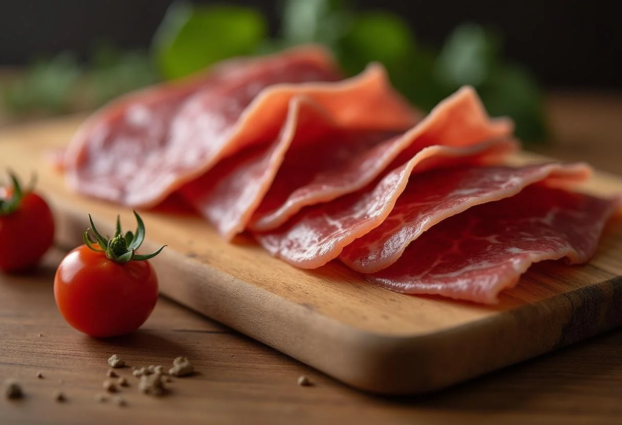 Elegantly arranged slices of smoky Holsteiner Katenschinken on a wooden board, highlighting the meat's quality.