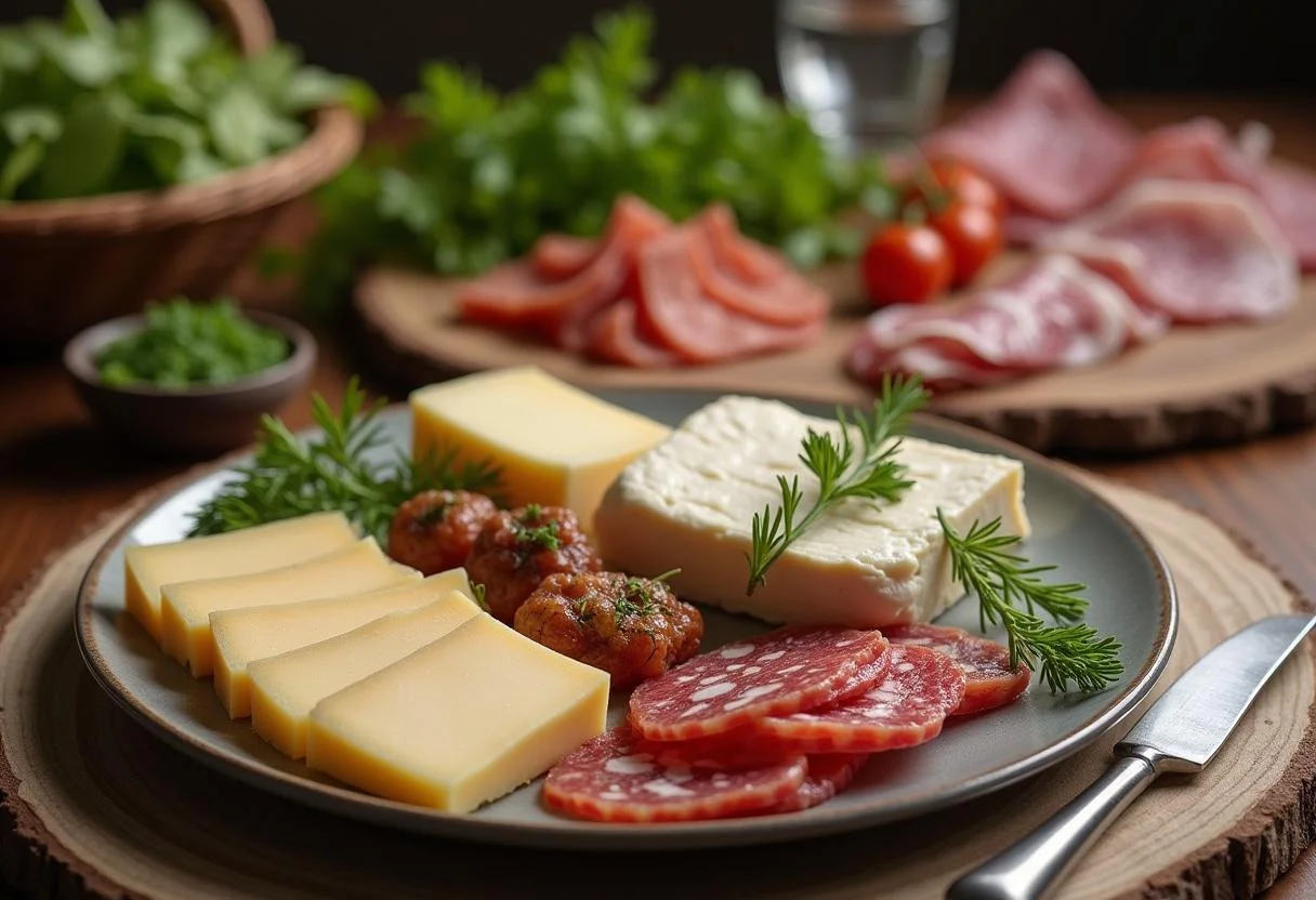 Gourmet cheese selection alongside smoky Holsteiner Katenschinken for an elegant presentation.