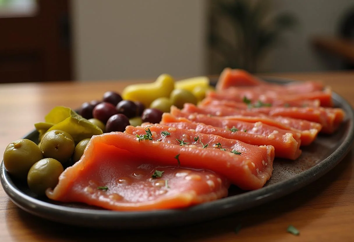 Platter with pickles and olives complementing smoky Holsteiner Katenschinken for an elegant serving experience.