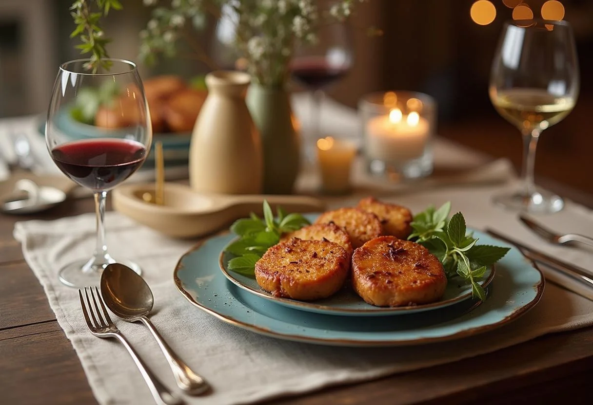 Elegant table setting featuring smoky Holsteiner Katenschinken and wine for a sophisticated dining experience.