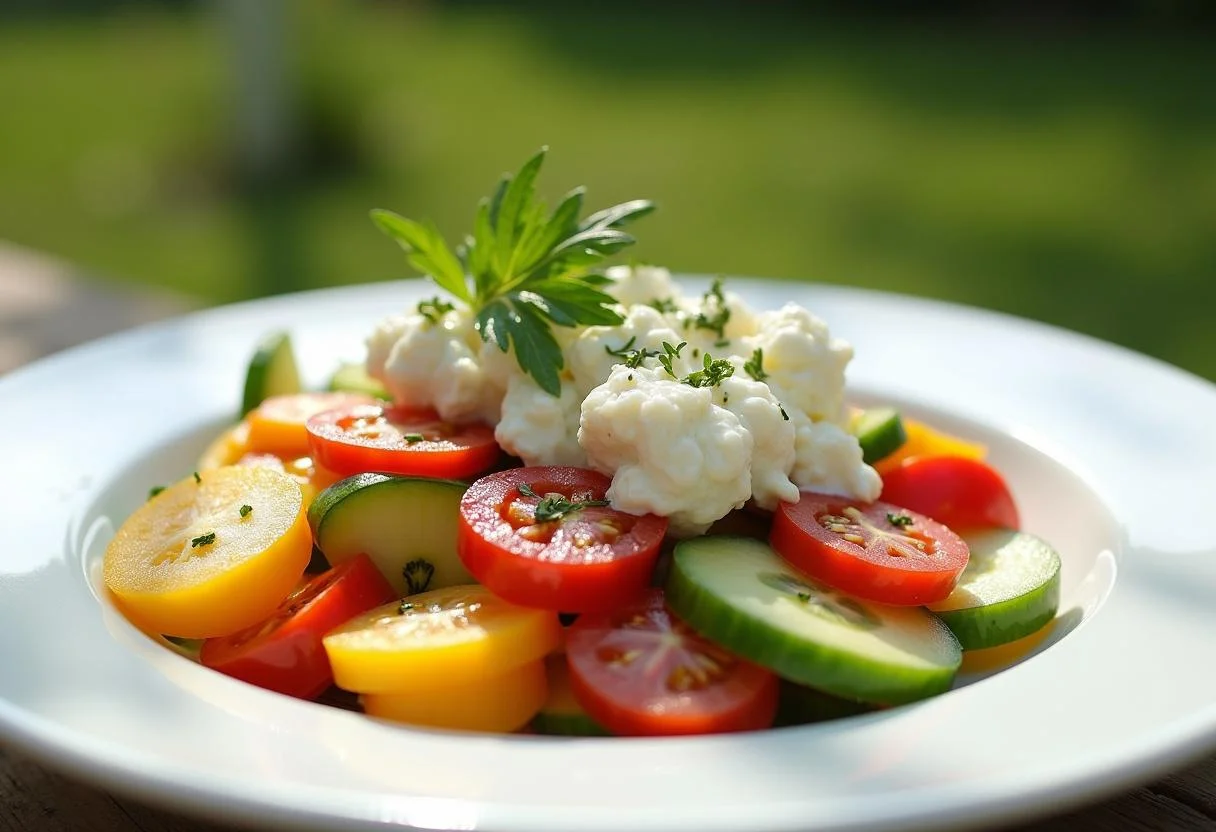 Fertiger sommerlicher Hüttenkäse Salat mit Gemüse, perfekt für warme Tage.