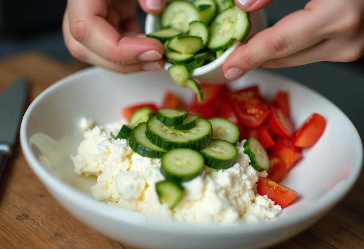 Gehackte Gurken und Tomaten werden in den Hüttenkäse für den Salat gegeben.