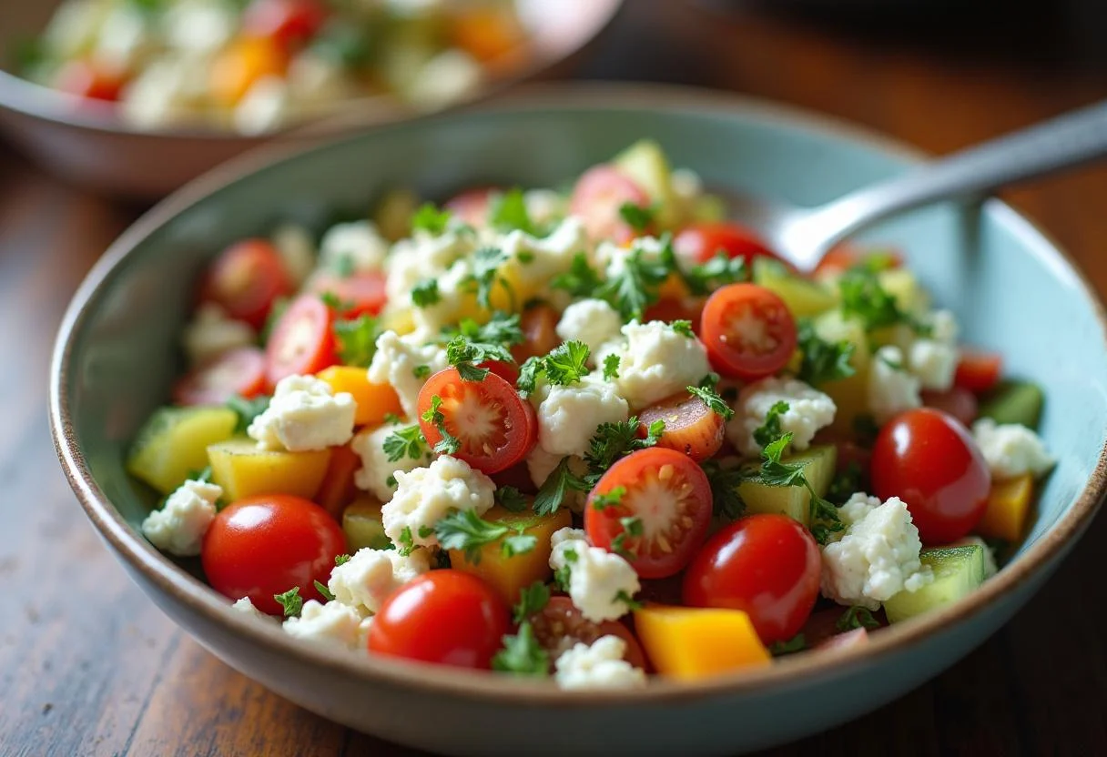 Der sommerliche Hüttenkäse Salat wird frisch zubereitet und gemischt.