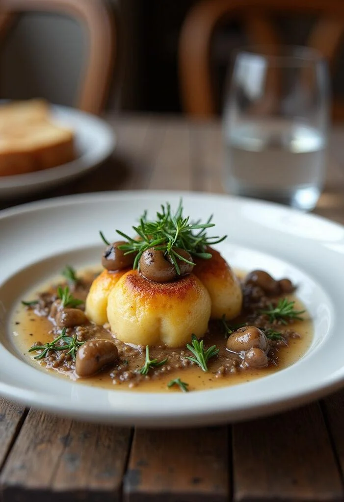 Servierte Spinat-Knödel mit Pilzragout, ein perfektes Gericht für Feinschmecker.