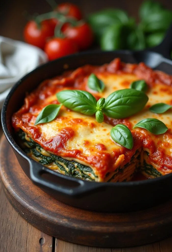 Gebackene Spinatlasagne mit Feta und Tomaten, perfekt angerichtet auf einem rustikalen Tisch.