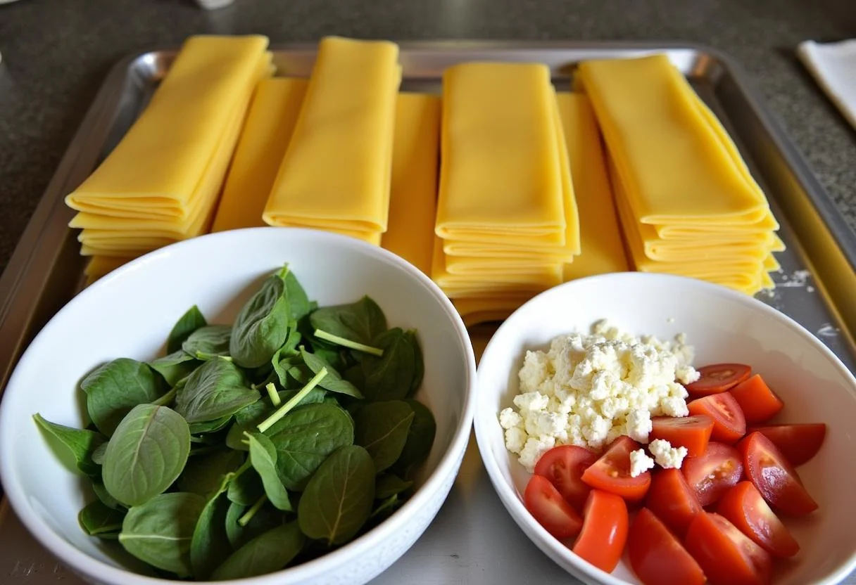 Zutaten für Spinatlasagne: Lasagneblätter, frischer Spinat, zerbröckelter Feta und Tomatenscheiben auf einer Küchenarbeitsplatte.