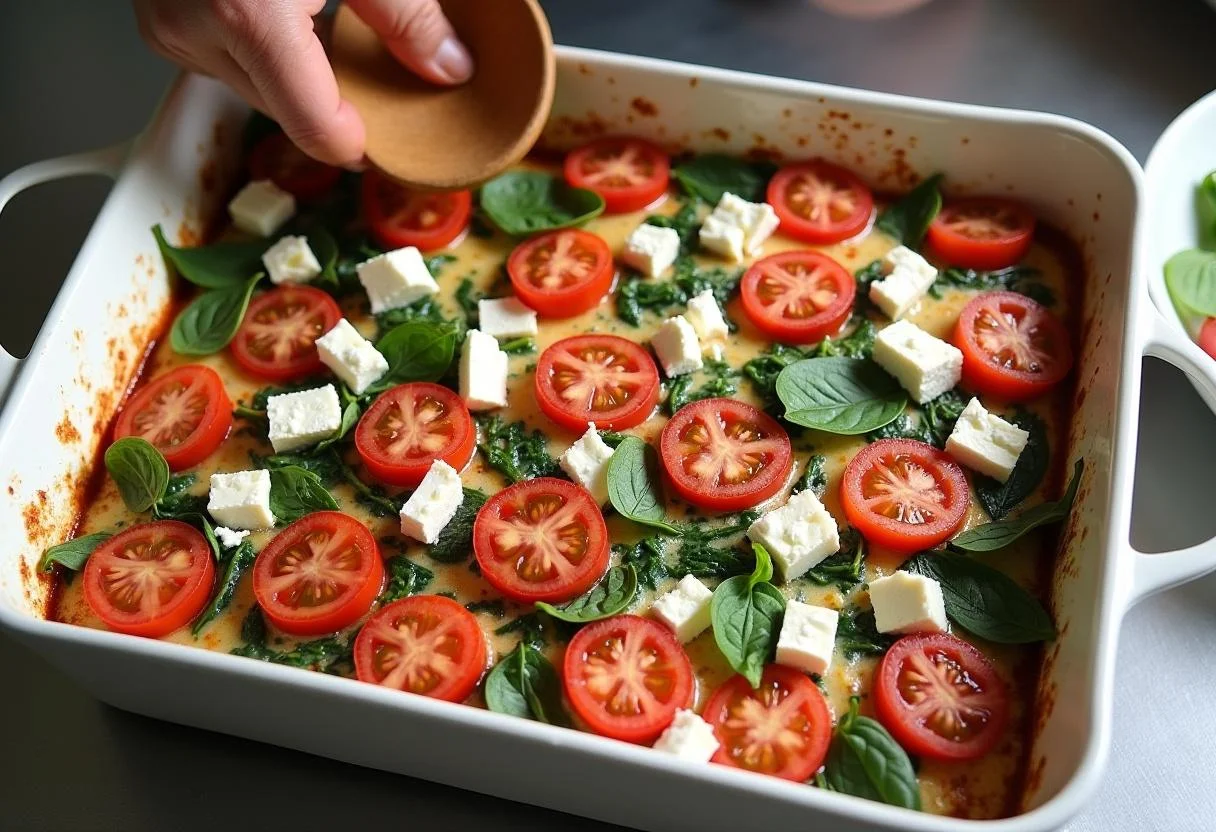 Filling a Backform mit Spinat, Feta und Tomaten für die Spinatlasagne.