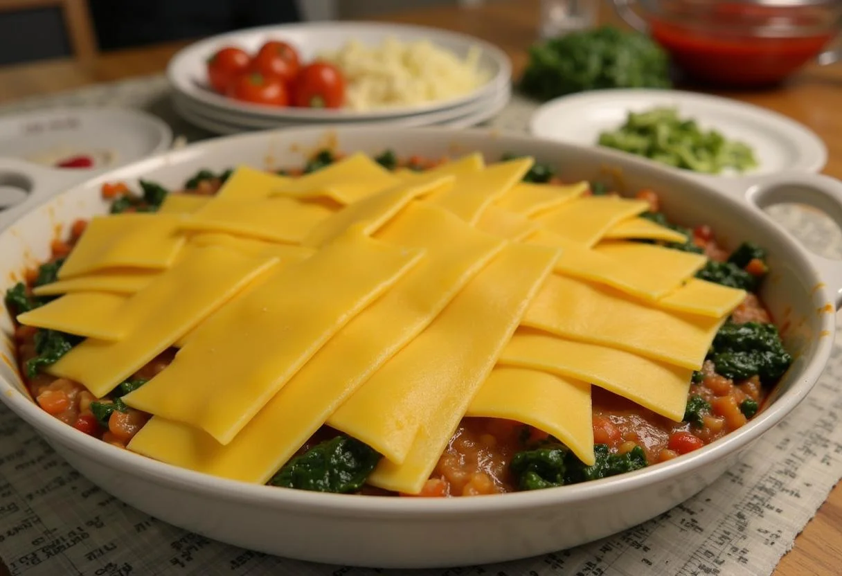 Lasagneblätter werden auf die Schicht aus Spinat, Feta und Tomaten für die Spinatlasagne gelegt.
