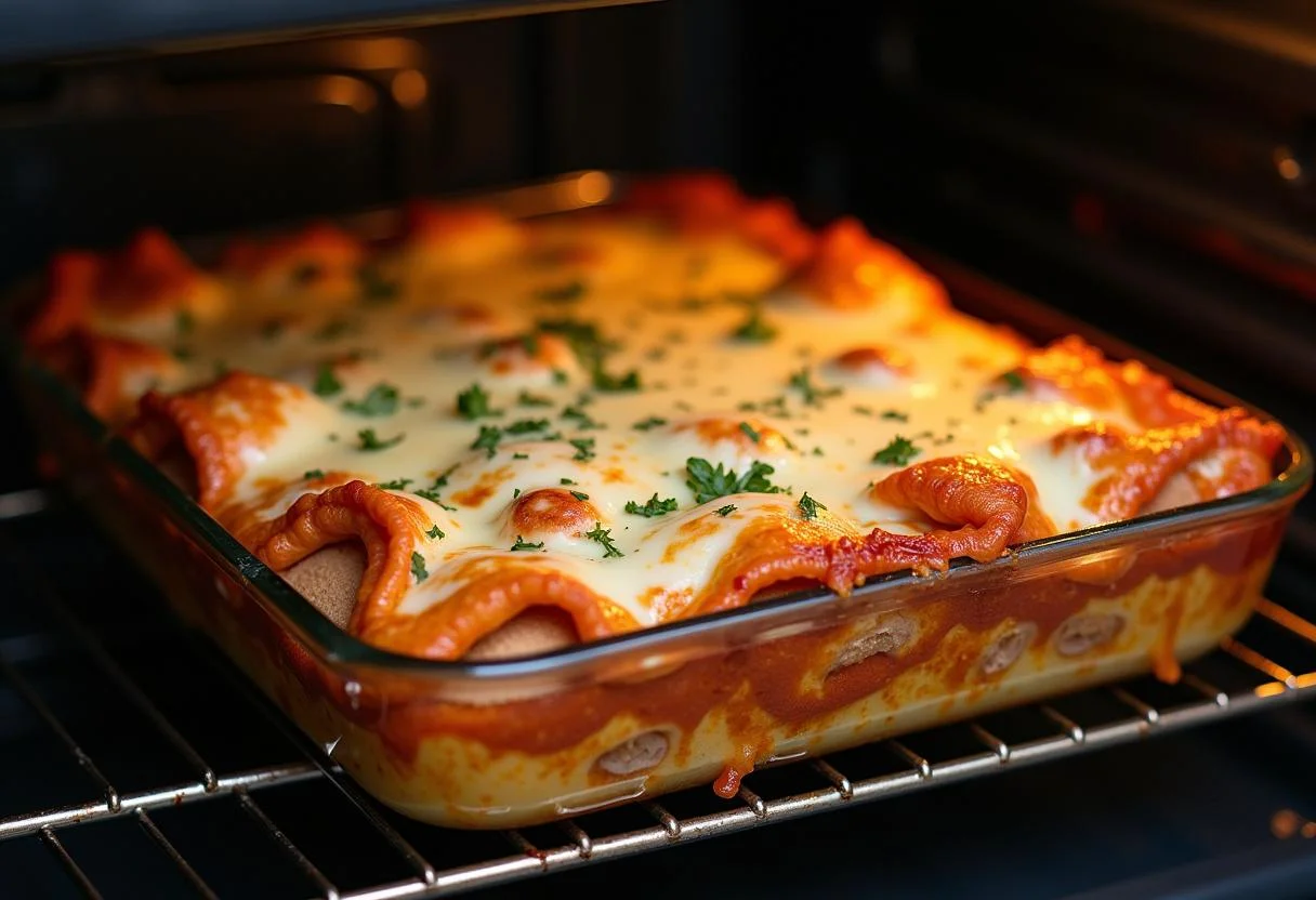 Fertige Spinatlasagne, die in den Ofen geschoben wird, garniert mit Käse und Kräutern.