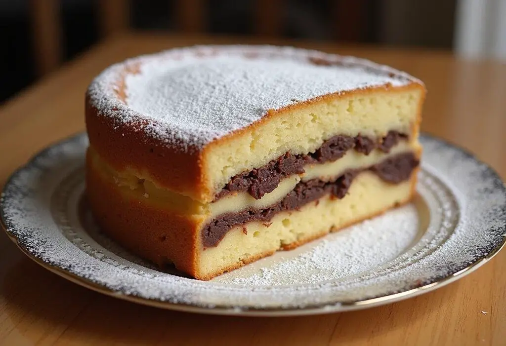 Fertiger Tag- und Nachtkuchen mit hellen und dunklen Schichten, verziert mit Puderzucker.