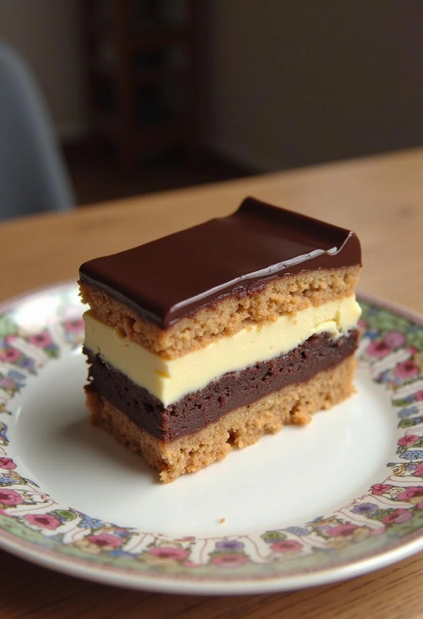 Fertiger Tag- und Nachtkuchen mit hellen und dunklen Schichten, verziert mit Puderzucker.