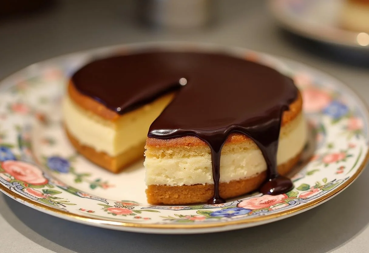 Fertig gebackener Tag- und Nachtkuchen, der auf einem Teller präsentiert wird.