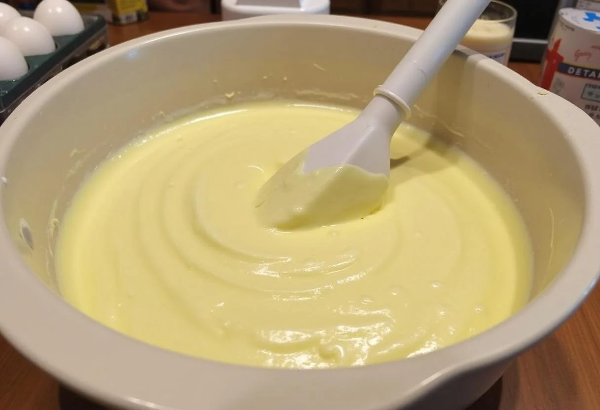 Cremiger Teig für den Tag- und Nachtkuchen, der in einer Schüssel angerührt wird.