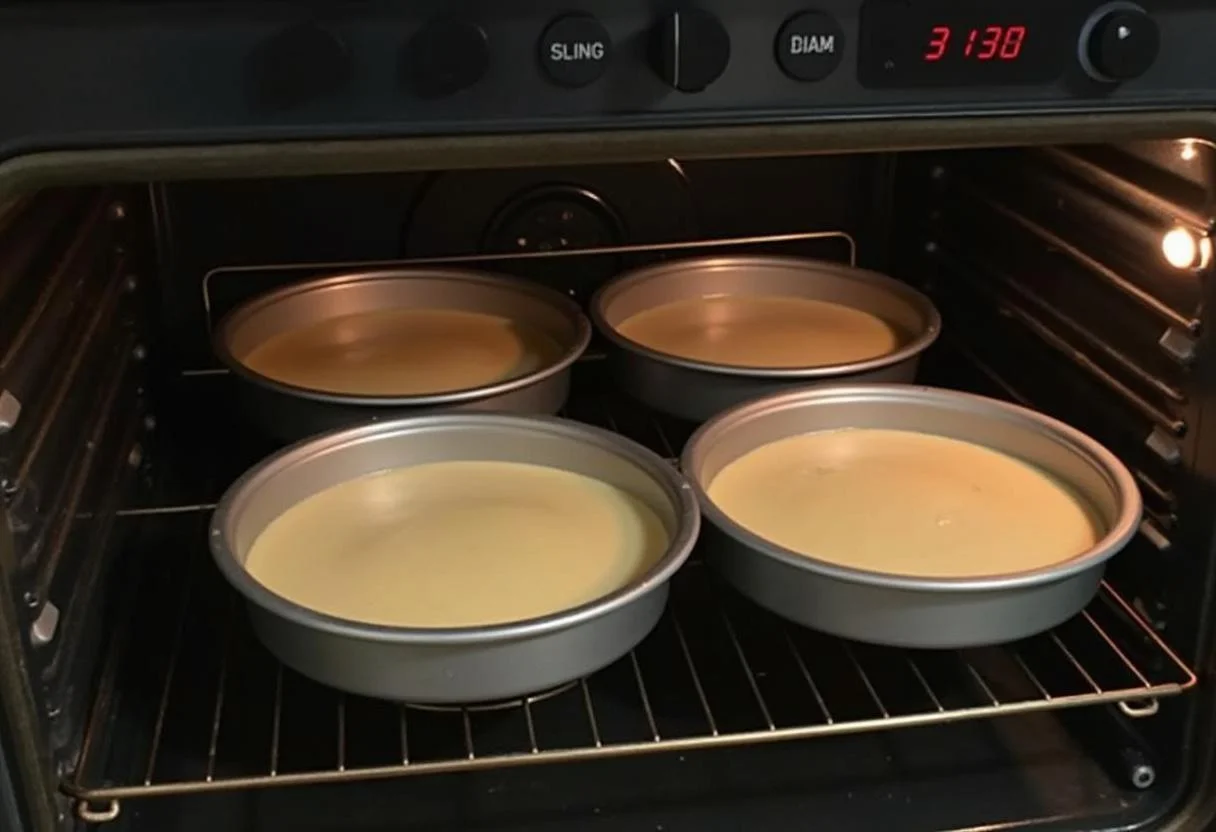 Kuchenformen mit Teig, die im Ofen für den Tag- und Nachtkuchen gebacken werden.