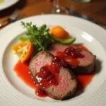 Finished tender rehrücken dish garnished with red currant jelly and vegetables, ready for dining.