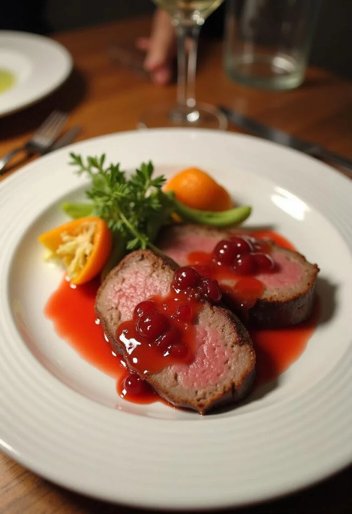 Finished tender rehrücken dish garnished with red currant jelly and vegetables, ready for dining.