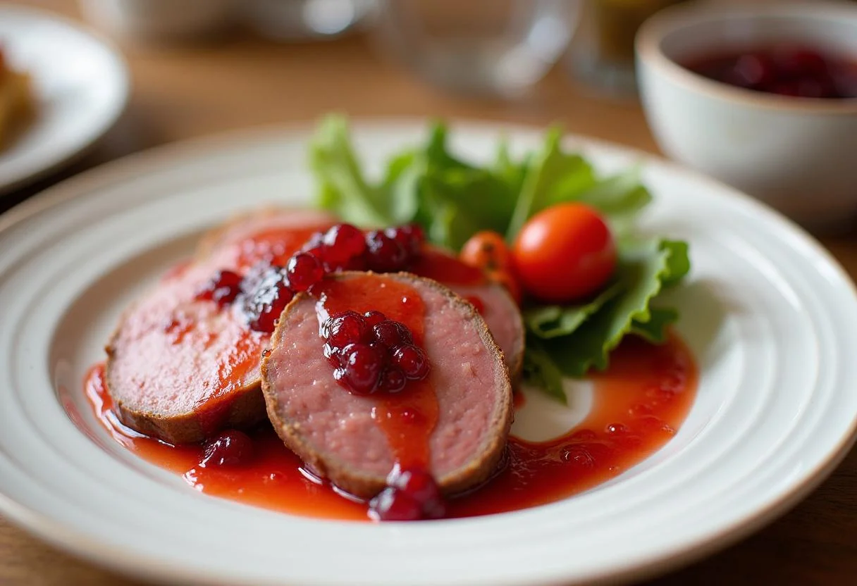 Finished tender rehrücken dish garnished with red currant jelly and vegetables, ready for dining.