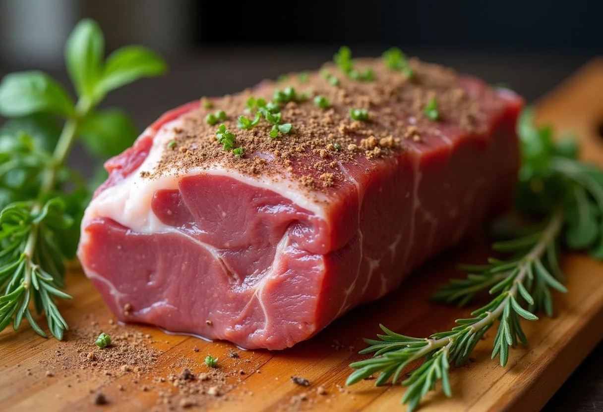 Seasoned tender rehrücken roast prepared for cooking, showcasing fresh herbs and spices.